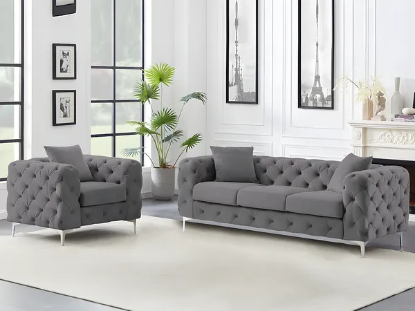 Vente-unique - EDWINA Sofa and armchair set SamtStoff Grau - B 91 cm x H 76 cm x L 106 cm220 cm