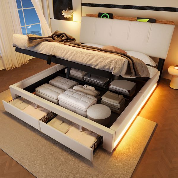 Polsterbett mit LED-Streifen, Schubladen, Lattenrost, Aufbewahrung, USB und Type-C, 140x200 cm, gepolsterter Kopfteil mit Regal, Stauraumbett, Leinen