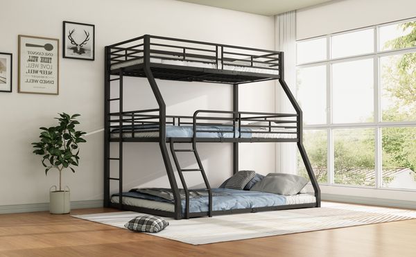 Etagenbett (Dreifach) 90x200 cm – Metallgestell, schwarz, platzsparend mit hohem Rausfallschutz