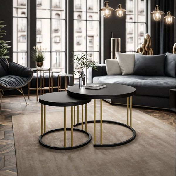 Lookway Couchtisch LORI 2in1 MIX II mit schwarzer matt Platte (2er Set), Durchmesser: ⌀70 cm und ⌀50 cm