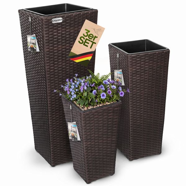 Casaria Poly Rattan Blumentopf mit Wasserabfluss Braun - 3er Set