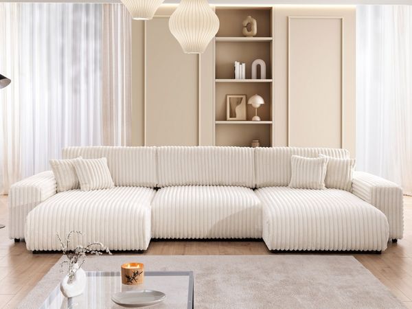 S-Style Möbel Wohnlandschaft Mollis mit Schlaffunktion und Bettkasten aus Plüschcord