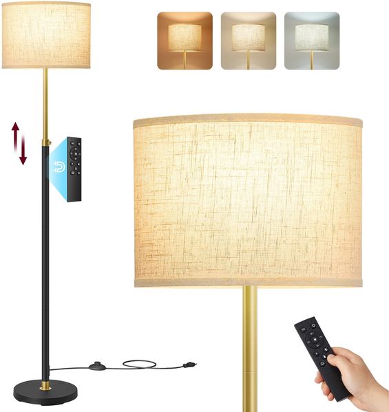 VASAGLE Stehleuchte, Standleuchte, Stehlampe, höhenverstellbar, 140-170 cm hoch, modern, mit Fußtaster, Lampenschirm aus Stoff, E27 Fassung, Fernbedienung, Memory-Funktion, gold-schwarz LFL005BD02