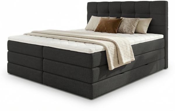 Boxspringbett Best XL mit 2 Bettkästen und Topper, mit Taschenfederkern- und Bonellfederkernmatratze, Doppelbett, Polsterbett aus Webstoff mit Stauraum (Schwarz (Inari 100), 140 x 200 cm) Bild 2