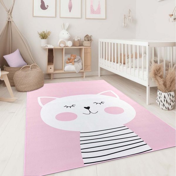 TaraCarpet Kinderteppich Fresh Kids Tiere, rechteckig, Höhe: 5 mm, Fresh Kids Tiere Katze Rosa Kinderzimmer Jugendzimmer 80x150 cm