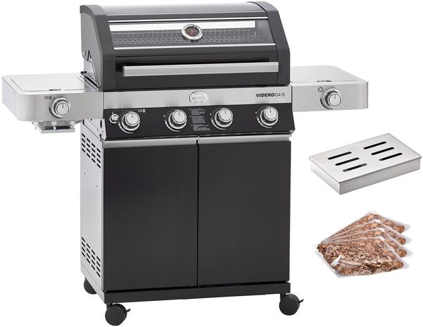 RÖSLE BBQ Gasgrill, Videro G4-S Vario+, schwarz 2024, mit Räucherset, 117,5 x 57 x 138 cm