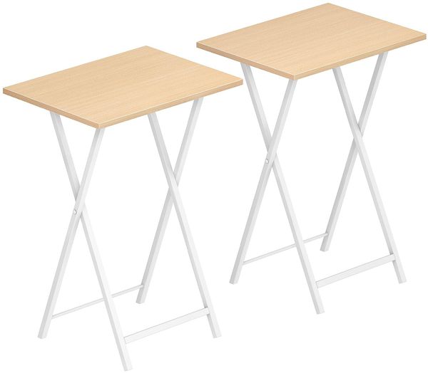 HOOBRO Beistelltisch Klappbar, Kleiner tabletttisch, TV Tray 2er Set, klapptisch Snack Tisch Industriestil, Sofatisch für kleinen Raum, einfach montierbar, Weiß und Natürliche Holzfarbe EWN25BZ01