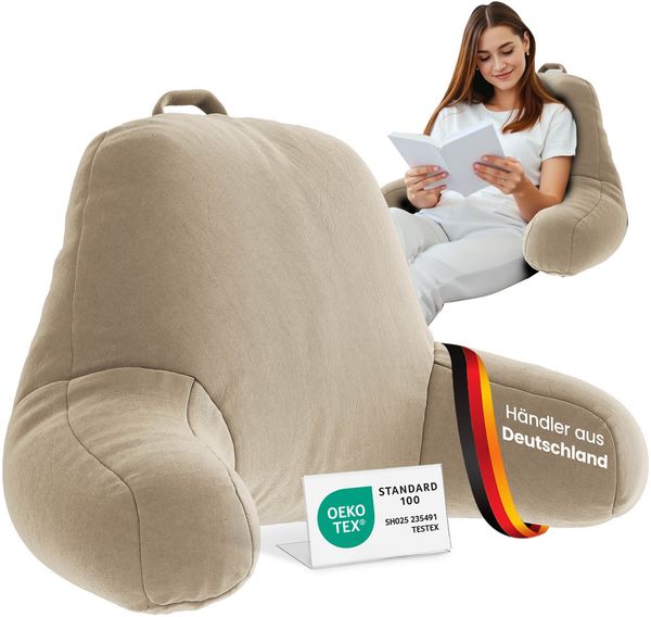 ELONEO Rückenkissen, Lesekissen für Bett und Sofa mit Armlehnen – Ideal als Rückenstütze für mehr Halt und Komfort von Rücken, Kopf und Nacken, Creme