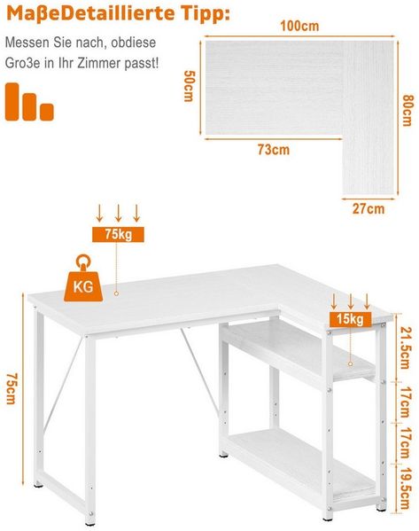 HOMALL Eckschreibtisch 100/120L Form mit Ablagefächern, 2 Tier DIY Lagerregalen Computertisch (140 x 50 x 75/B0 cm groBer Gaming- Tisch mit zwei Ablageflachen, einer abnehmbaren Trennwand zum Selberbauen und Kopfhorer-/Becherhaltern), Schreibtisch,PC T...