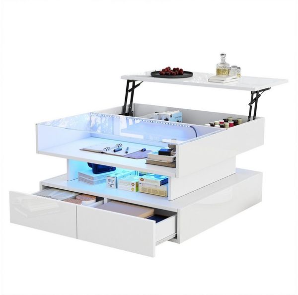 BlingBin Couchtisch Wohnzimmertisch aus Hochglanz, Sofatisch mit LED-Beleuchtung (Beistelltisch, Sofatisch, 1-St, 80 x 80 x 45 cm Kaffeetisch mit Verstecktem Stauraum und 2 Schubladen), Sofatisch mit LED-Leuchten,Hochglanz-Wohnzimmer-Beistelltisch