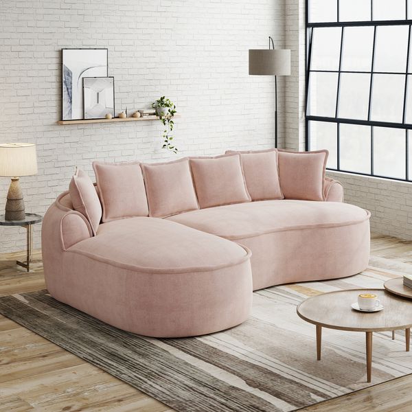 Flieks Modulares L-Form Cloud Sofa, extra tiefe Sitzfläche, breit gepolstert, mit Chaiselongue rechts & Kissen, kein Aufbau nötig, Chenille, Rosa