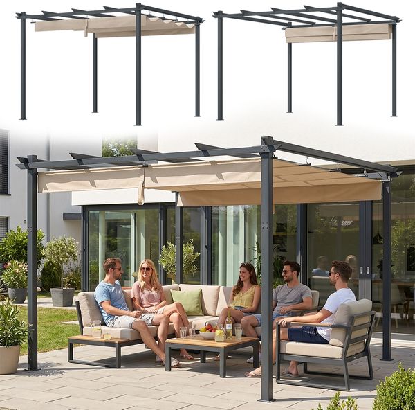 STEELSØN 'Xyriela' Pergola mit Schiebedach, 3x3m, anthrazit/macchiato, Gartenpavillon, wetterfeste Terrassenüberdachung