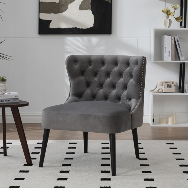 LVHOM Polsterstuhl aus Samt, Esszimmerstühle mit Knopfheftung, ohne Armlehnen, Massivholz Beine, Für Wohnzimmer, Büro & Schlafzimmer, Grau Bild 2