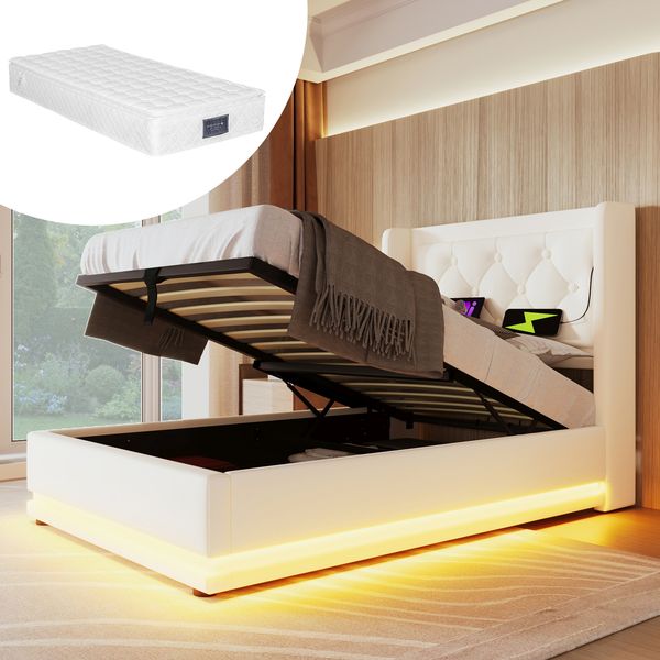 Polsterbett 90×200 cm aus Kunstleder mit LED-Beleuchtung und Matratze, weiß