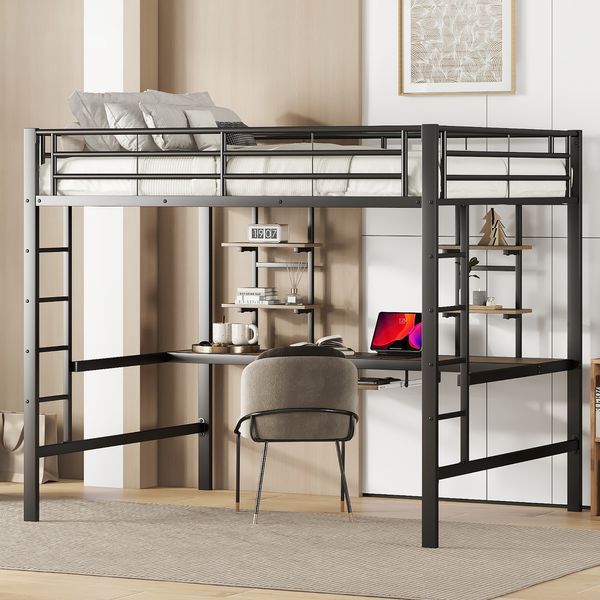 Hochbett 140×200 cm mit Rausfallschutz, Schreibtisch & 2 Regalen, schwarz, ohne Matratze