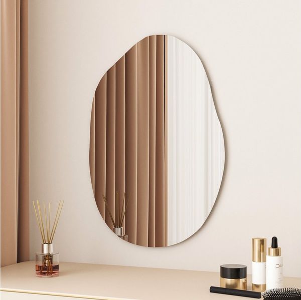 WDWRITTI Schminkspiegel Wand Kosmetikspiegel Wandmontage Wandspiegel Asymmetrisch Kieselstein (Dekospiegel Flurspiegel Modern Rahmenlos, 55x80cm), HD Spiegel mit Splitterschutzfolie