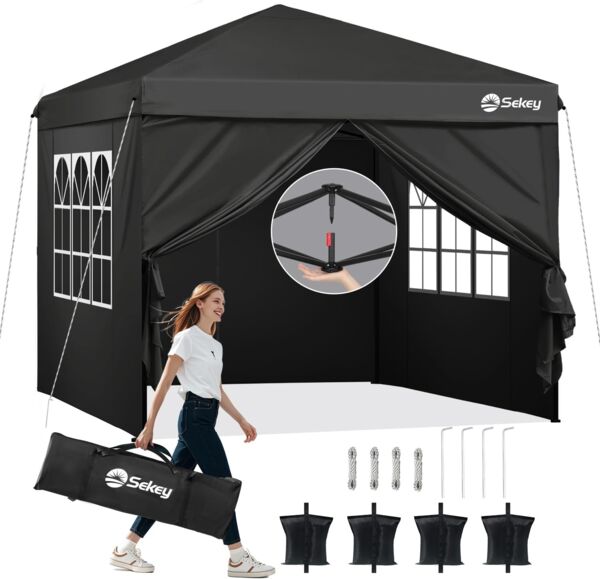 Pop Up Pavillon 3x3m mit 4 Seitenteilen, Wasserdicht Stabil Winterfest, Faltbar mit 4 Sandsäcke, Schwarz