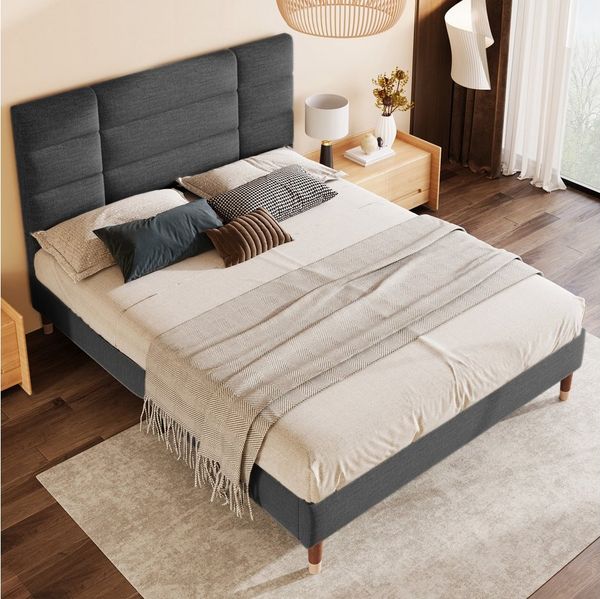 Ulife Polsterbett Jugendbett, Doppelbett mit Lattenrost & Kopfteil 140 x 200 cm (Packung, mit Matratze), Weiches Leinen, Robuste Holzlatten, Luxuriöse und stabile Füße