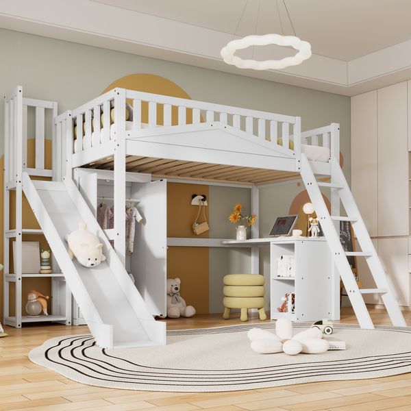 Merax Hochbett, Etagenbett, 90x200cm Kinderbett, mit Fallschutzgitter, mit Tisch und Kleiderschrank, Reichlich Stauraum, Mit vierstufiger Leiter, Weiß