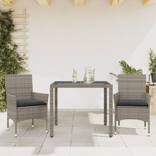 vidaXL 3-tlg. Garten-Essgruppe mit Kissen Grau Poly Rattan und Glas 3278555