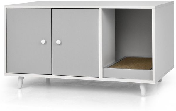 2 in 1 Beistelltisch & Katzenschrank mit Kratzbrett Katzentoilette Kaffeetisch 90 x 50 x 50 cm Grau
