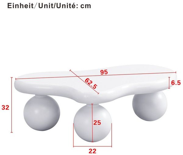 Ulife Couchtisch Wohnzimmertisch, Beistelltisch, mit LED-Beleuchtung, 16 Farben wählbar, Wolkenform+Rundbein-Design, 95x62,5x32cm