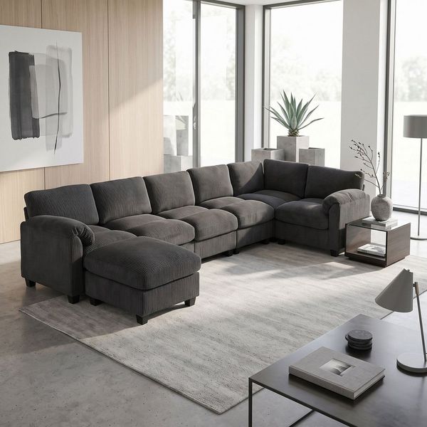 HOMCOM Ecksofa Sofa mit Federpolsterung gepolsterte Armlehnen beweglicher Ottomane, Eckcouch 1 Teile, aus Cord für Wohnzimmer, 292 x 224 x 85 cm Dunkelgrau