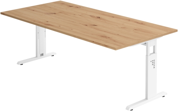 bümö höhenverstellbarer Schreibtisch O-Serie 200x100 cm in Asteiche, Gestell in weiß - großer PC Tisch für's Büro manuell höhenverstellbar, Computertisch verstellbar, OS-2E-R-W
