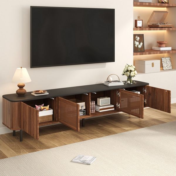 STILVORA TV-Schrank wohnzimmer niedrigerer TV-Reagal Lowboard stehend mit Stauraum Walnut (Packung, 1-St, Großer Stauraum, mit 4 Türen und 4 Fächern) Modernes, minimalistisches Design, Einzigartiges Design.
