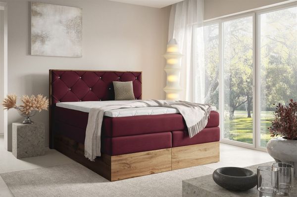 Boxspringbett Schlafzimmerbett NAVEL 160x200cm in Stoff Rouge Bordeauxrot