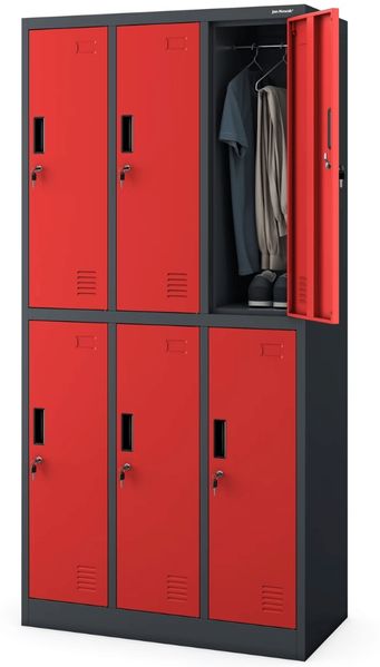 Umkleideschrank Spind IGOR - 6 Abteile, Etikettenhalter Lüftungsschlitze | Umkleidespind Schließfachschrank Garderobenspind, 185x90x45cm Anthrazit-Rot