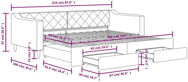 vidaXL Tagesbett Ausziehbar mit Schubladen Taupe 90x200 cm Stoff 3197465 Bild 12
