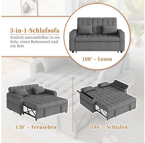 MODFU Schlafsofa Multifunktionales 2-Sitzer Sofa, Zweisitzer-Sofa, Schlafcouch 1 Teile, mit Stauraum und Verstellbarer Rückenlehne