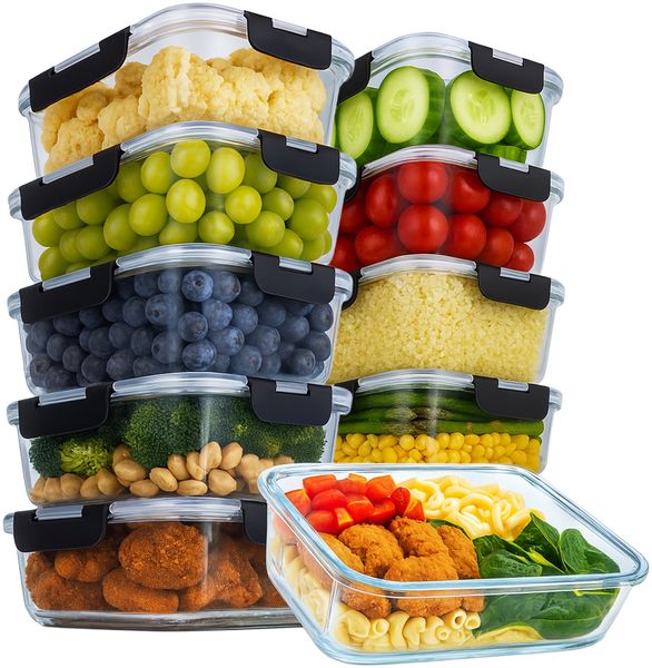 Aviro Frischhaltebehälter Glas – 10 Stück – Meal Prep Behälter – Gefrierschrank-, Mikrowellen- und ofenfest – BPA-frei – Luftdicht – 1 l