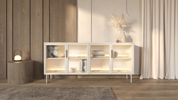 yourhouse24 Kommode LUMI 4D Glastüren & LED – Eiche Dunin oder Kaschmir Riffelglas