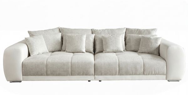 Big-Sofa XXL 306 cm Federkern Lounge Couch Kunstleder Weiß und Stoff Grau Beige