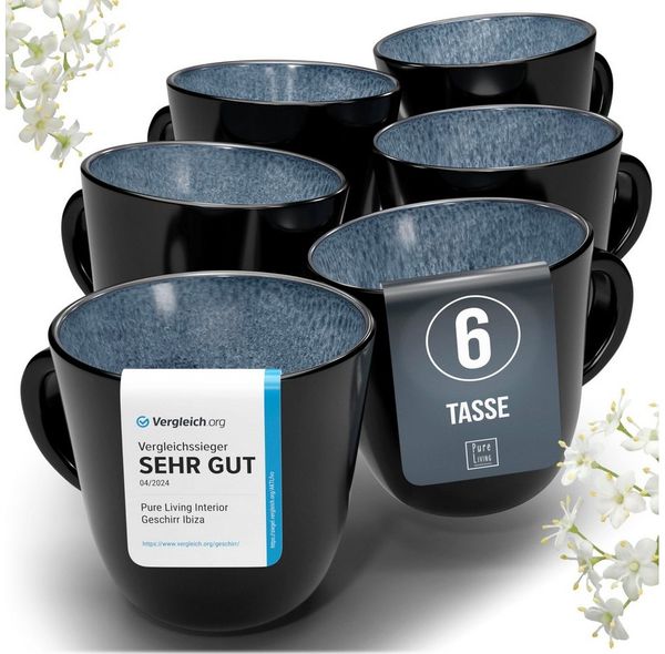 Steingut Kaffeetassen 6 Pers. Ibiza Hochwertiges Mediterranes TEST SEHR GUT Tassen Set, Spülmaschinen-, Mikrowellen- und Kratzfest - Stylisches Tee- und Kaffeebecher Set - Pure Living in Rauchblau