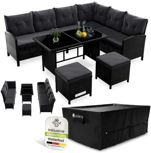 Juskys Polyrattan Lounge Manacor schwarz – Gartenlounge mit Sofa, Tisch, 2 Hocker & Kissen, inkl. Abdeckung – Gartenmöbel Set bis 8 Personen – Sitzbezüge in Grau