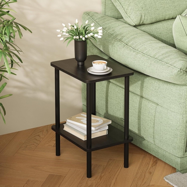 Beistelltisch Holz 2 Tier Schwarz Nachttisch Schmal 40x30x52cm Stauraum Kleiner