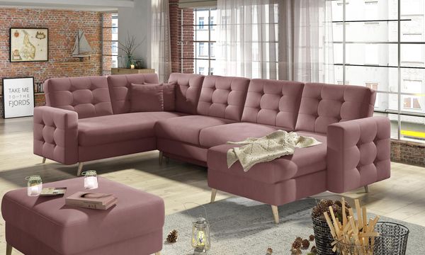Wohnideebilder 'Asgard U' Ecksofa mit Schlaffunktion und Bettkasten, 320x90x202 cm, Rosa, Mat Velvet