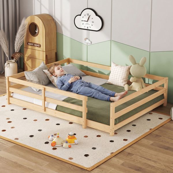 Montessori Kinderbett mit Umrandung – Ohne Untergestell, bodentief aus Massivholz, einfache Montage (140x200 cm, natur)
