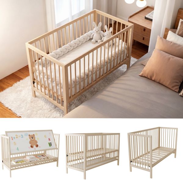 Holz-Babybett, Multifunktions-Babybett, umwandelbar in Beistellbett, Staffelei & Schreibtisch, mehrstufig höhenverstellbar, aus Kiefernholz, Naturholzfarbe, ohne Matratze, 120x60x90 cm
