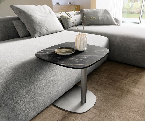 Couchtisch Edge Boot 50x50 cm Keramik Laminam® Noir Desir Braun Eleny Edelstahl gebürstet