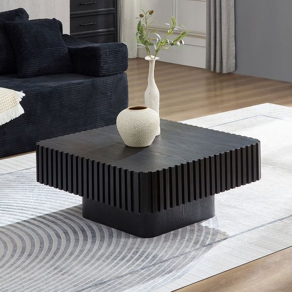 Square Fluted Coffee Table, Modern Ribbed Center Table with Solid Wood Stripe Accent, MDF with Wood Veneer Construction, Contemporary Accent Table for Living Room, Bedroom, and Office (Black)