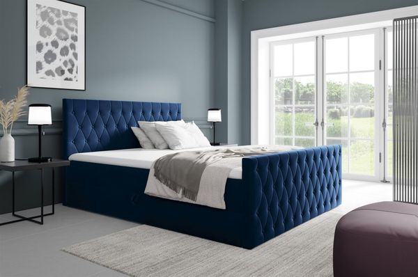 Boxspringbett Schlafzimmerbett ASHER 200x220cm in Stoff Fresh Dunkelblau