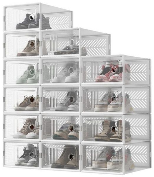 SONGMICS Schuhboxen, 12er Set, Aufbewahrungsbox, für Schuhe bis Größe 43, transparent-schwarz