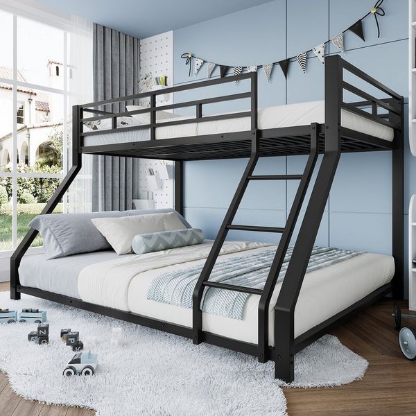 Flieks Etagenbett, Metallbett 90x200cm+140x200cm mit Schrägleiter und Geländer