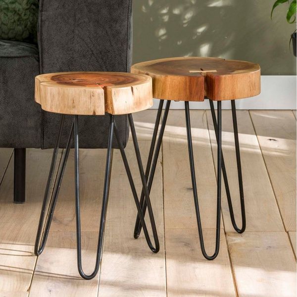 alesvelt Beistelltisch TRUNK Massiver Akazien-Tisch in Baumscheiben-Optik mit Hairpin-Beinen (2er-Set), 32x45 cm, Akazienholz