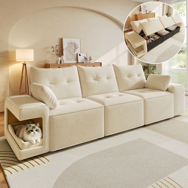 Merax modulares 3-Sitzer-Sofa mit breiten Armlehnen, Cloud-Sofa, integriertem Stauraum, gepolstertem Haustierbereich, mit zwei Kissen, Beige