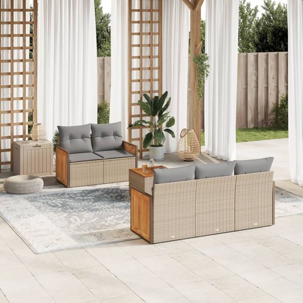 vidaXL 6-tlg. Garten-Sofagarnitur mit Kissen Beige Poly Rattan 3227466